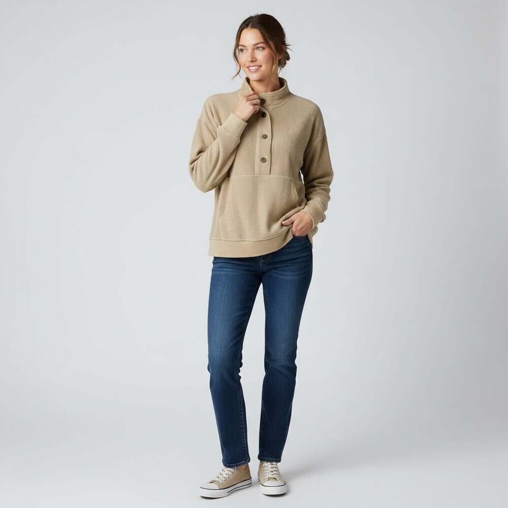 Thread & Supply Khaki Ribbed Button Pullover Sweatshirt NWT M Kangaroo Pocket